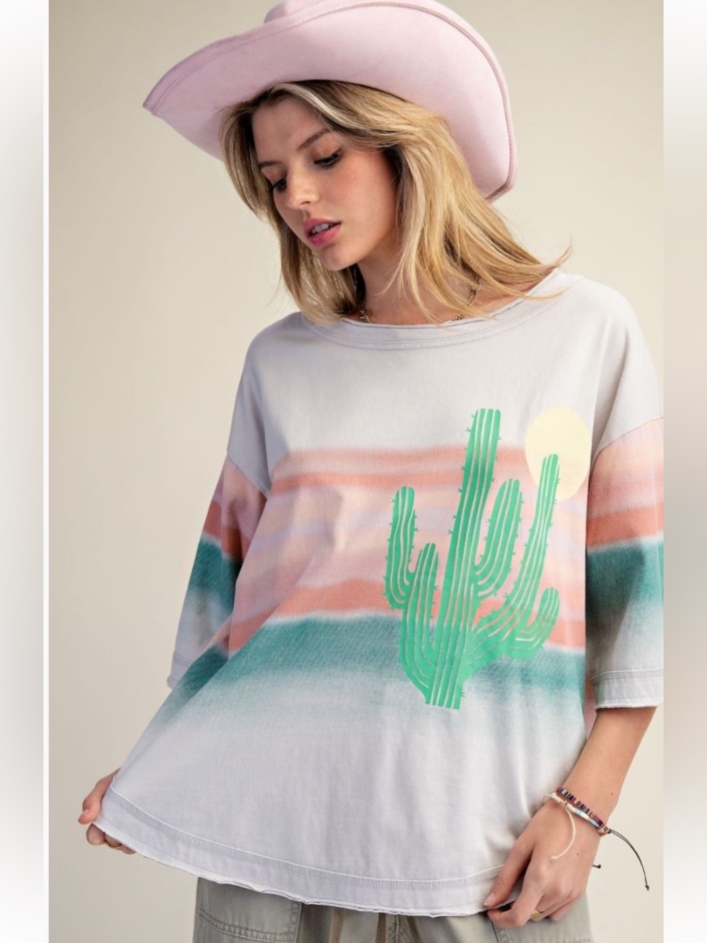 easel Pastel Cactus Graphic Tee in Light Pink, Mint, Peach